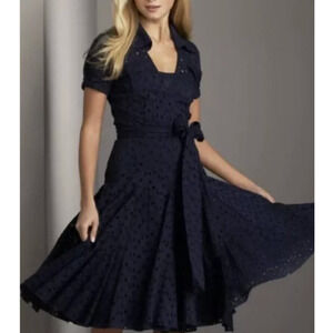 Diane Von Furstenberg Navy Eyelet Tie-Waist Fit-and-Flare Midi Dress